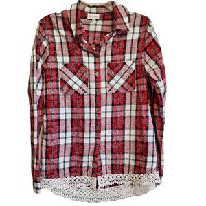 Shyanne Red Flannel Plaid Button Up with Crochet Lace Trim